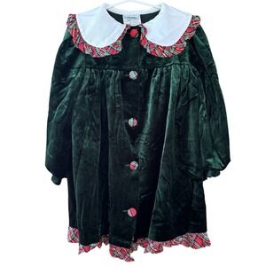 VTG Caitlyn Scott Girls 6X Green Velvet Dress Holiday Plaid Peter Pan Collar 80s